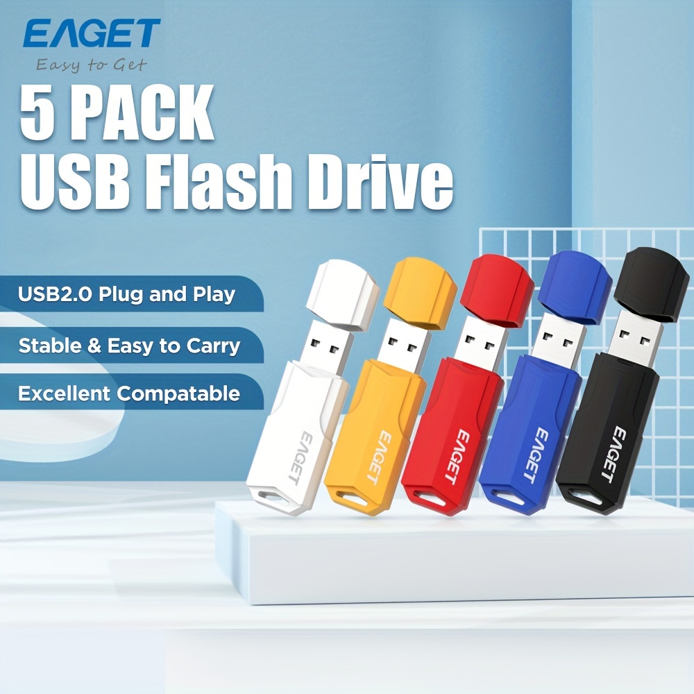 

5-pack Eaget Usb 2.0 Flash Drives - Pc Plastic Thumb Memory Sticks, Compatible U Stick For Business, Office, School - Assorted Colors