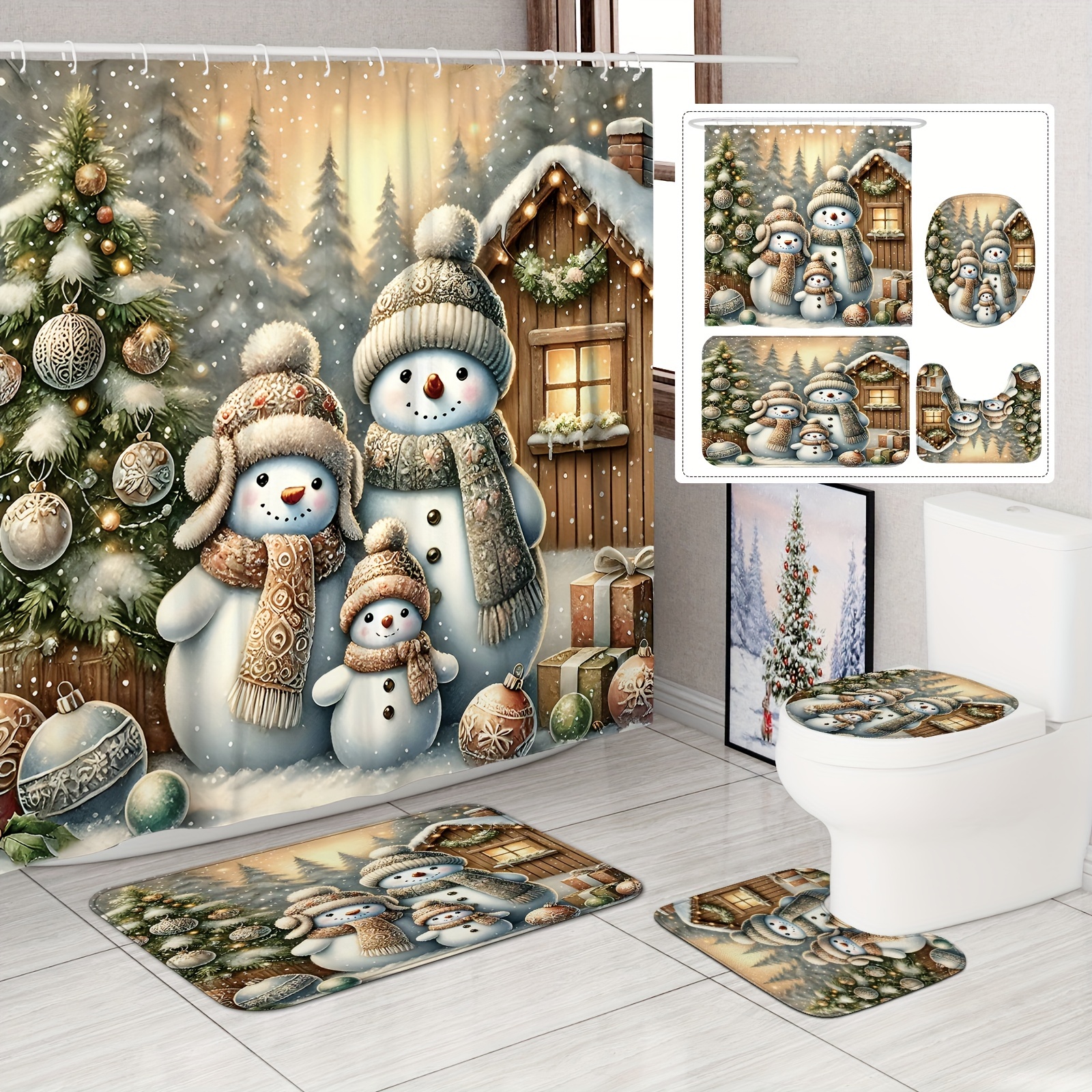 

/4pcs Christmas Winter Snowman Tree House Winter Scene Cute Curtain Set Waterproof Polyester Washable Shower Curtain For Bathroom Or Shower Decor With 12 Hooks Non-slip Bath Mat Toilet Lid Cover Mat