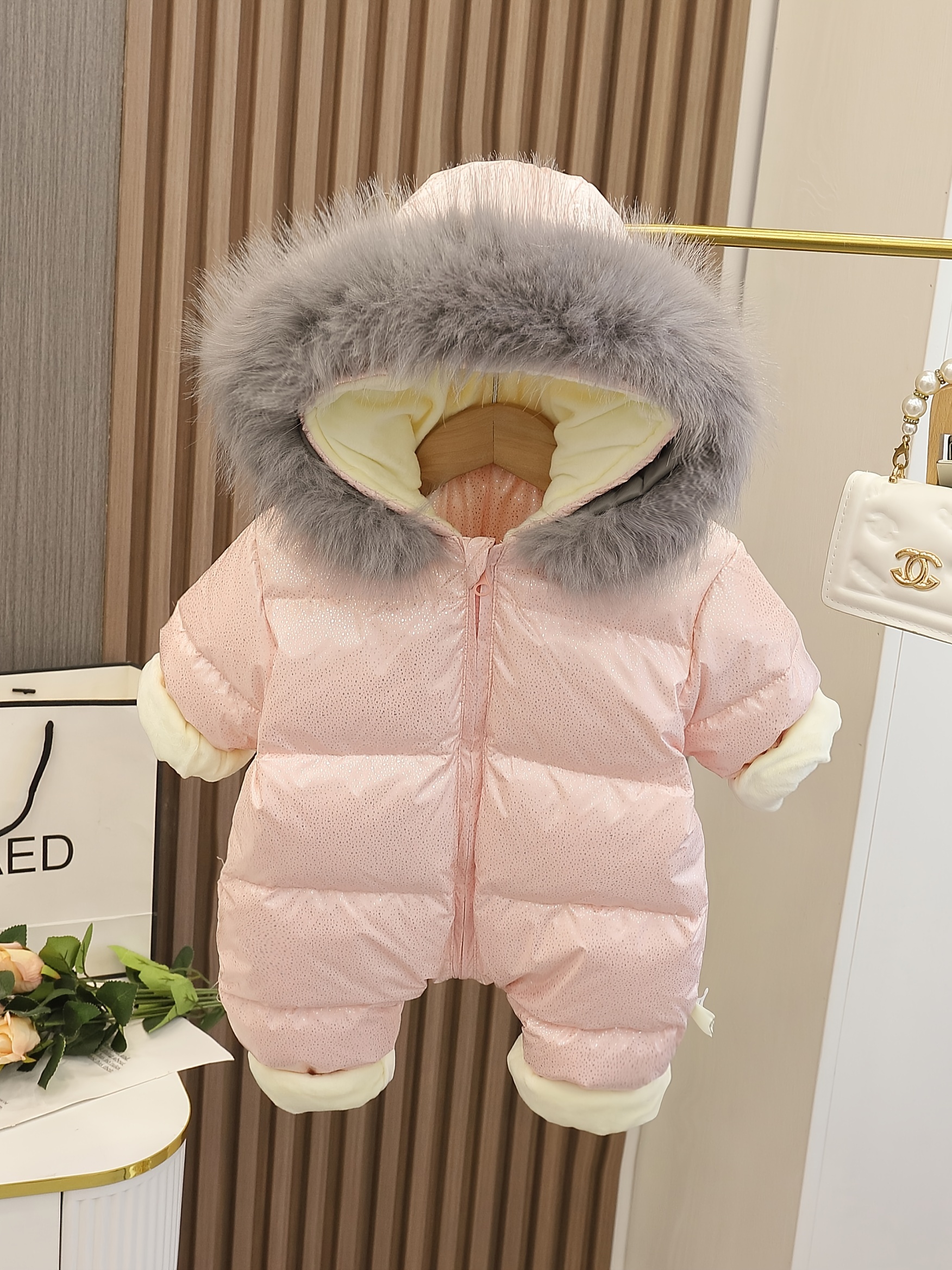 pink winter jacket baby girls cute hooded onesie fluffy fur Temu
