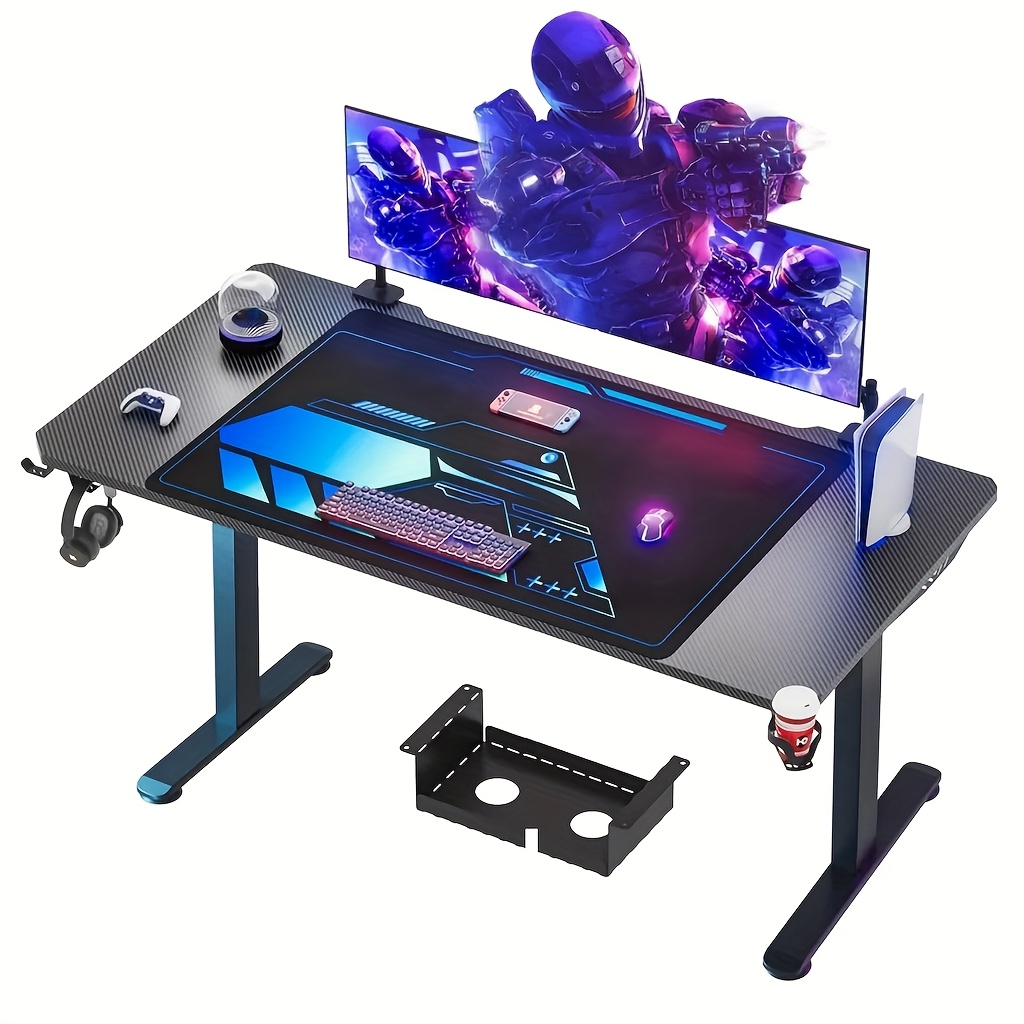 Image of Computer Desk Measuring 180x70x80cm, Featuring A Carbon Fiber Surface, , Includes A Mouse Pad, Plastic Cup Holder, And Headphone Holder, Durable For Home Office Use, Easy To Assemble, In Black Color