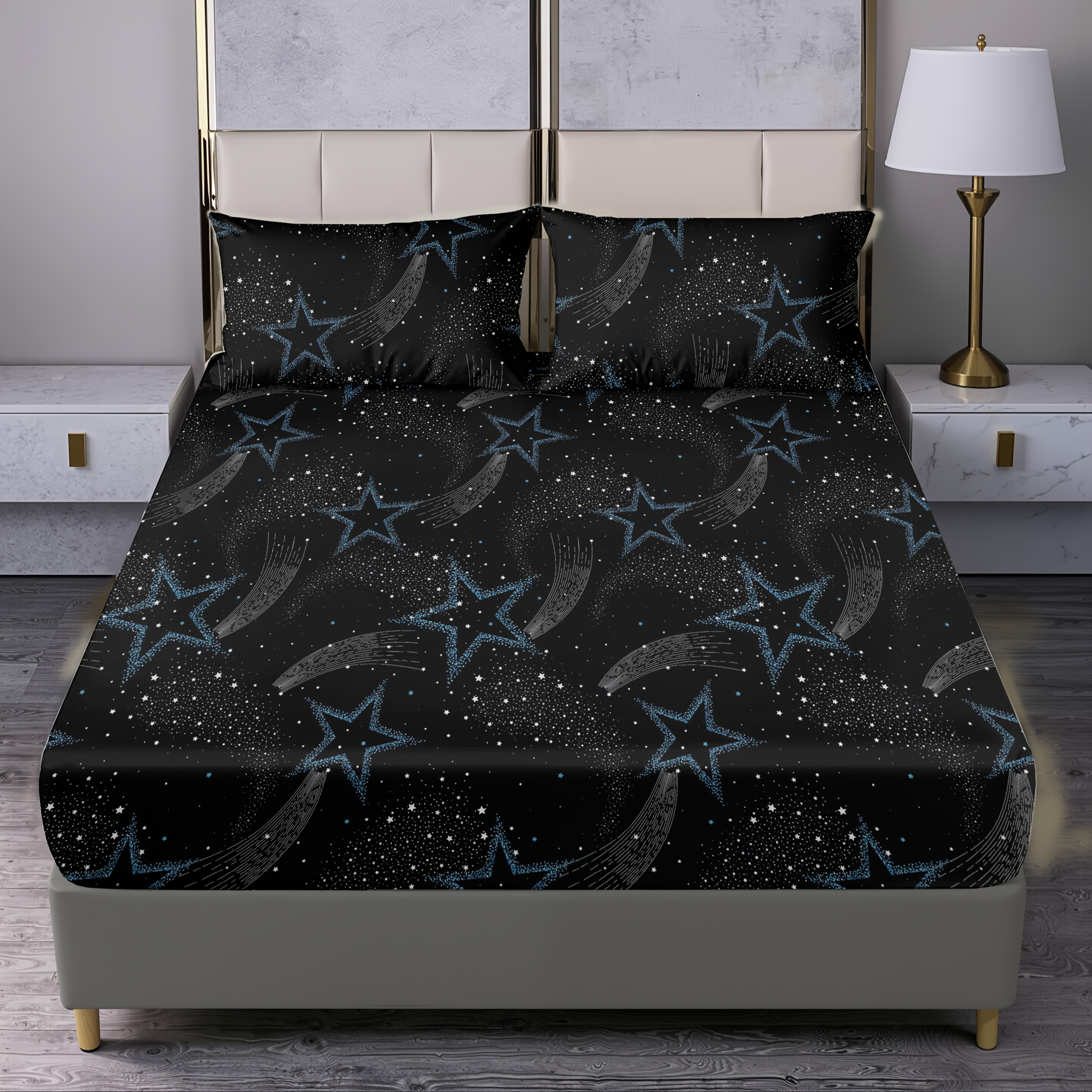 E-shop 3-teiliges Matratzenschoner-Set mit romantischem Sternenhimmel, Spannbettlaken-Set, enthält 1 Spannbetttuch + 2 Kissenbezüge, ohne Füllung,