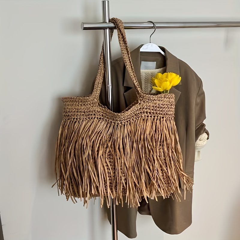 TEMU ミニマリスト フリンジ トートバッグ レディース、休暇旅行用 織物ビーチバッグ、ショルダーキャリー ハンドバッグ