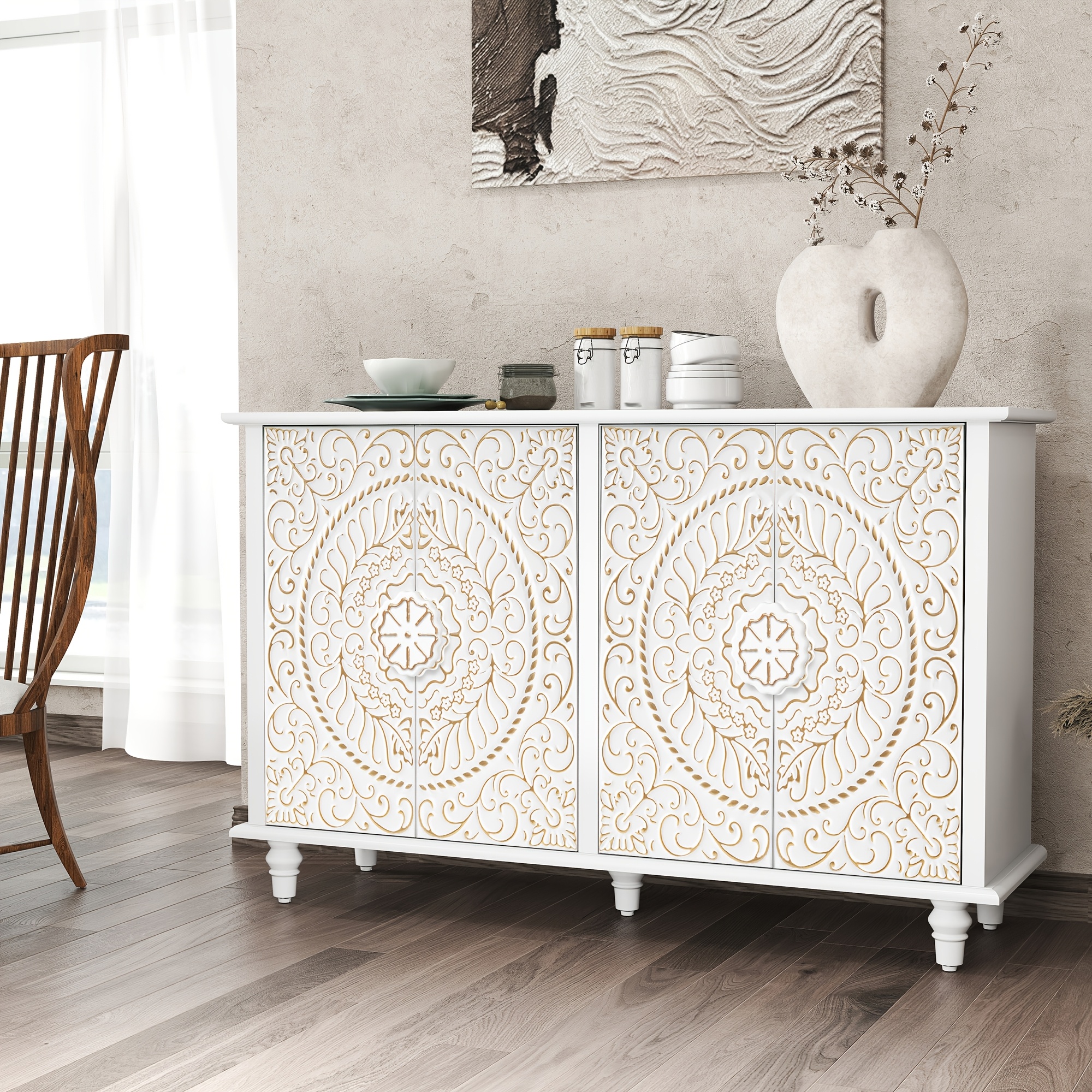 Image of 47" Vintage Accent Cabinet With , Decorative Storage Cabinet With Carved Flower Pattern, Sideboard Buffet With Storage, Credenza With Solid Wood Legs For Entryway, Living Room, Kitchen, Dining Room