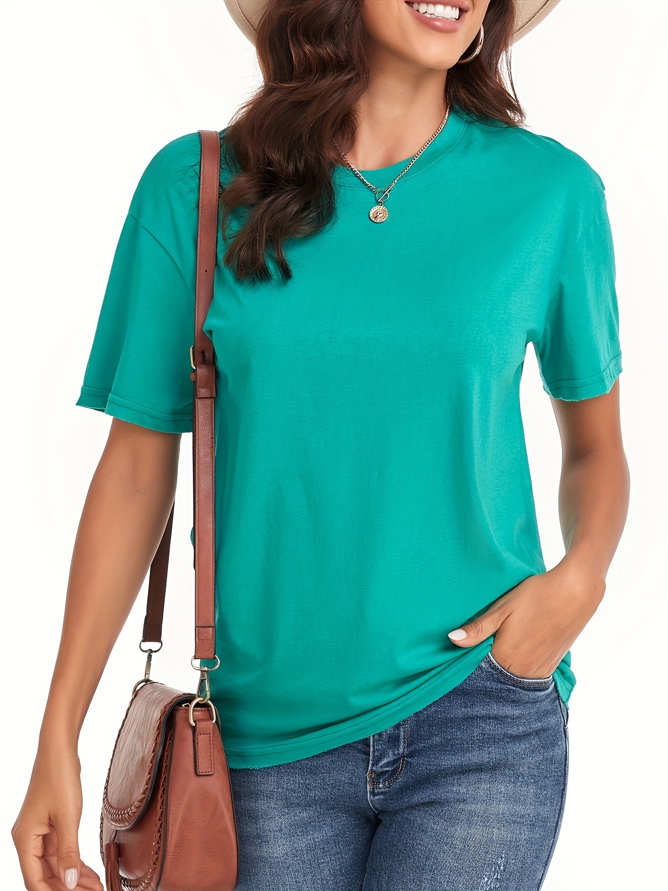 solid color crew neck t shirt casual short sleeve t shirt for spring summer womens clothing green 0