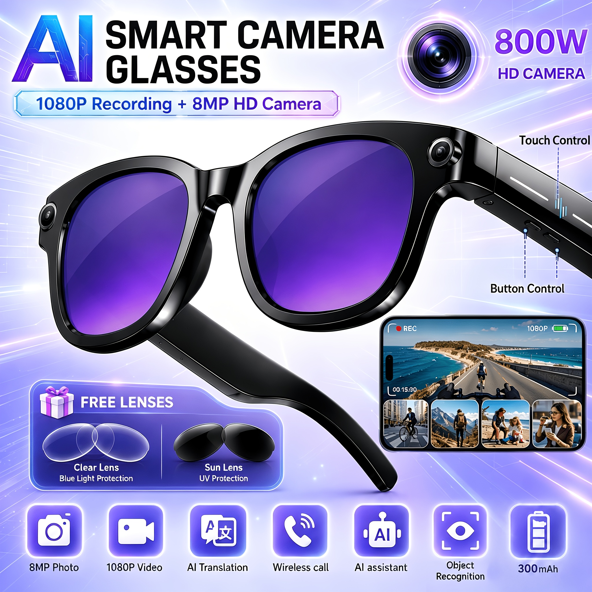 item picture Ai-Powered Smart Glasses Featuring an 8MP HD Camera with Image Stabilization, Video And Audio Recording, Blue Light Blocking, Translation Capabilities, Voice Control, Music Playback, And Object Recognition