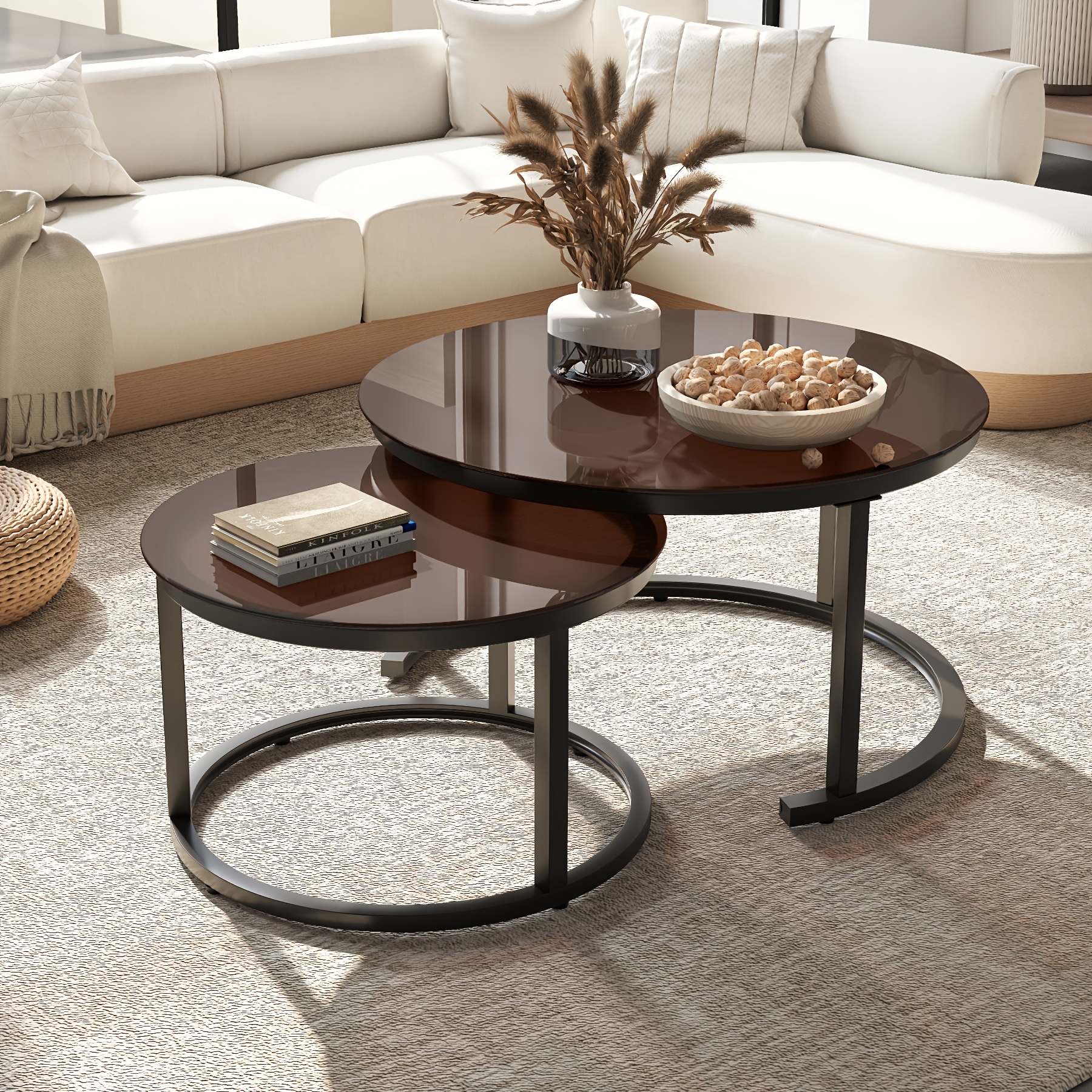 2pcs Round/square Side Table Set, Glass Coffee Table With Metal Frame, Round Side Table 2-tier Coffee Table With Storage Space Metal Frame, Modern Coffee Tables For Living Room, Bedroom