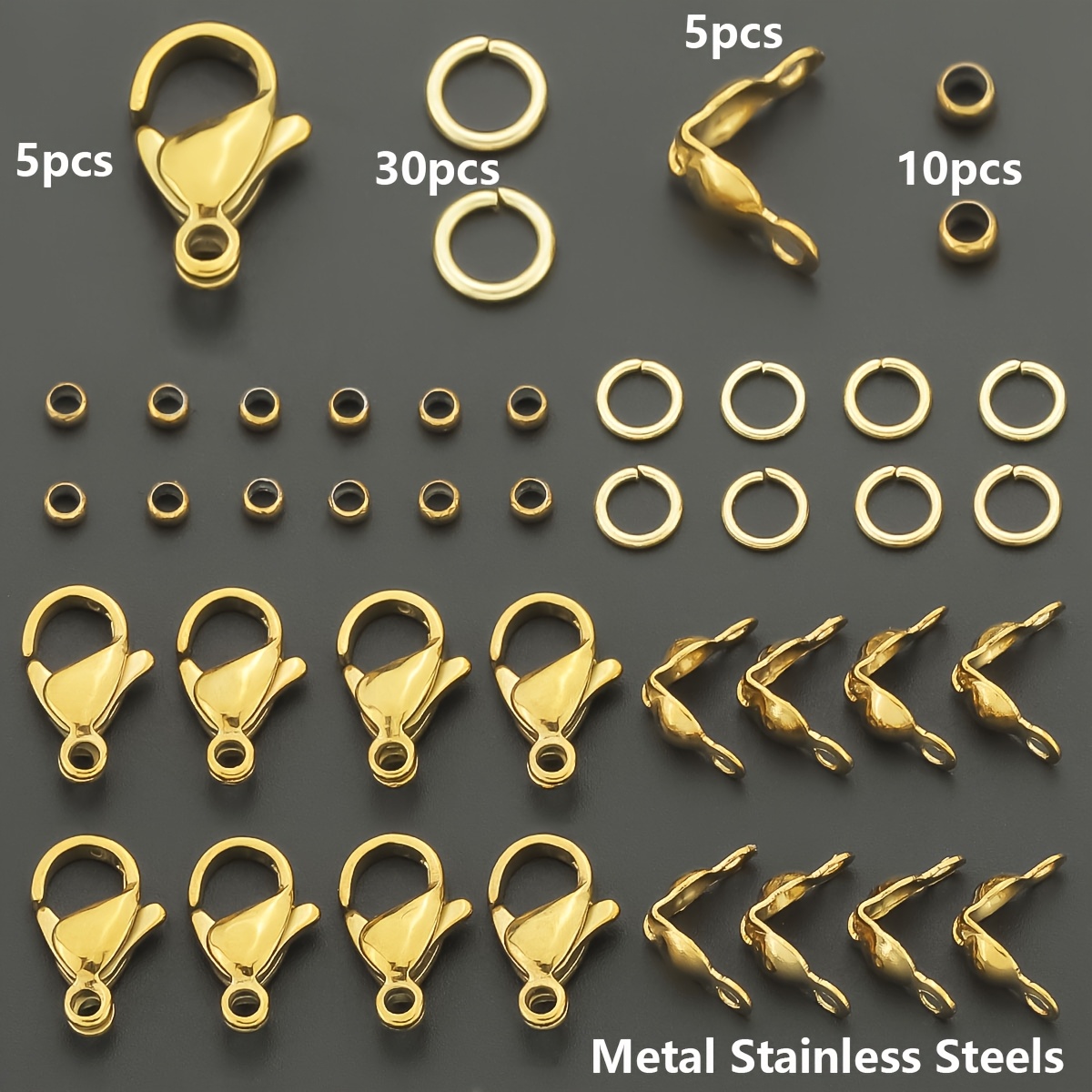 TEMU 50pcs Golden Stainless Steel Jewelry Clasp Set Includes 5pcs Lobster Clasps, 5pcs Ribbon Ends, 30pcs Jump Rings And 10pcs Crimp Beads, Suitable