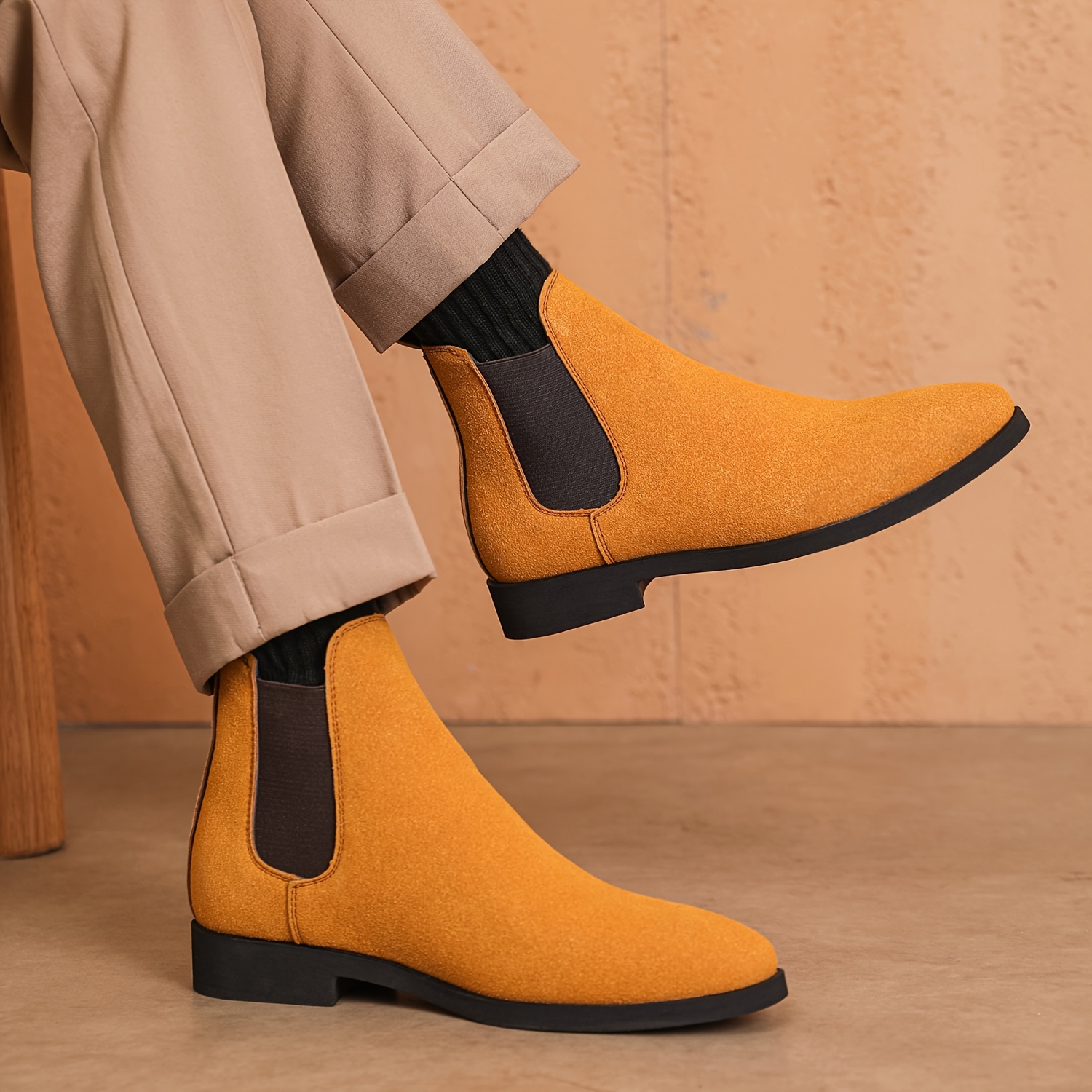 Men'S Classic Square Toe Chelsea Boots - All-Season Faux Ankle Dress Boots with Elastic Slip-On Closure, Solid Color, Rubber Sole, Fabric Lining for Daily & Business Wear