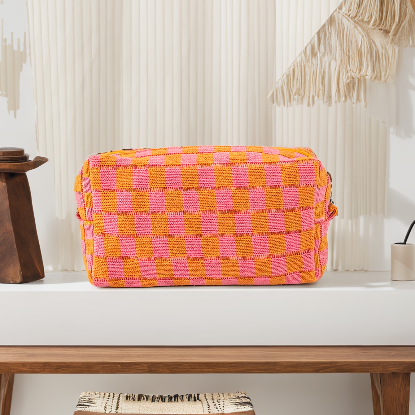 TEMU Schickes Oranges Kariertes -up-Täschchen mit Reißverschluss - Kompakte, Tragbare Kosmetiktasche für Reisen &