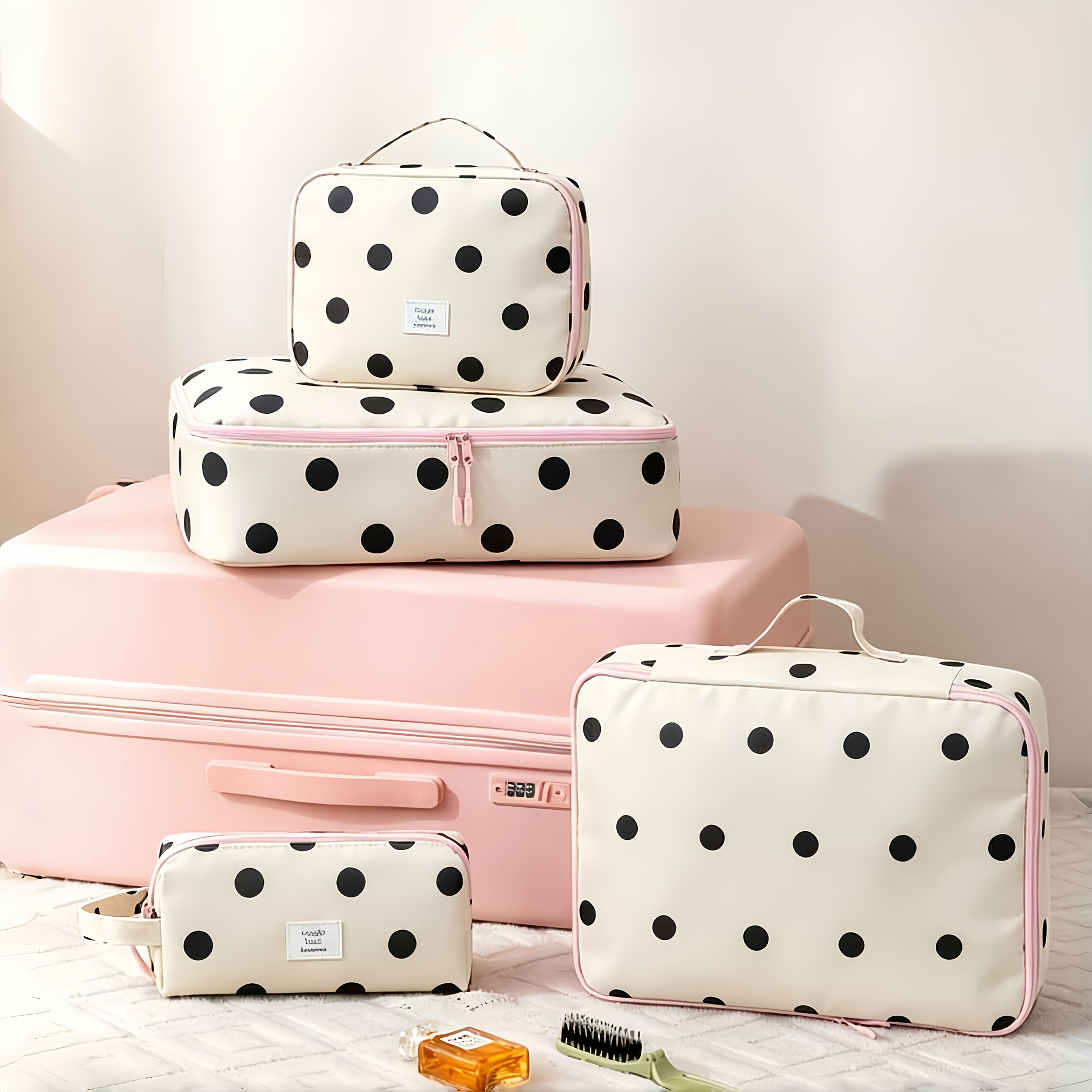 TEMU [toiletry Bag Set] 4pcs Polka Toiletry Set, Including A Portable Storage Bag And Various-sized Pouches—an Excellent For Vacation Trips And Dorm