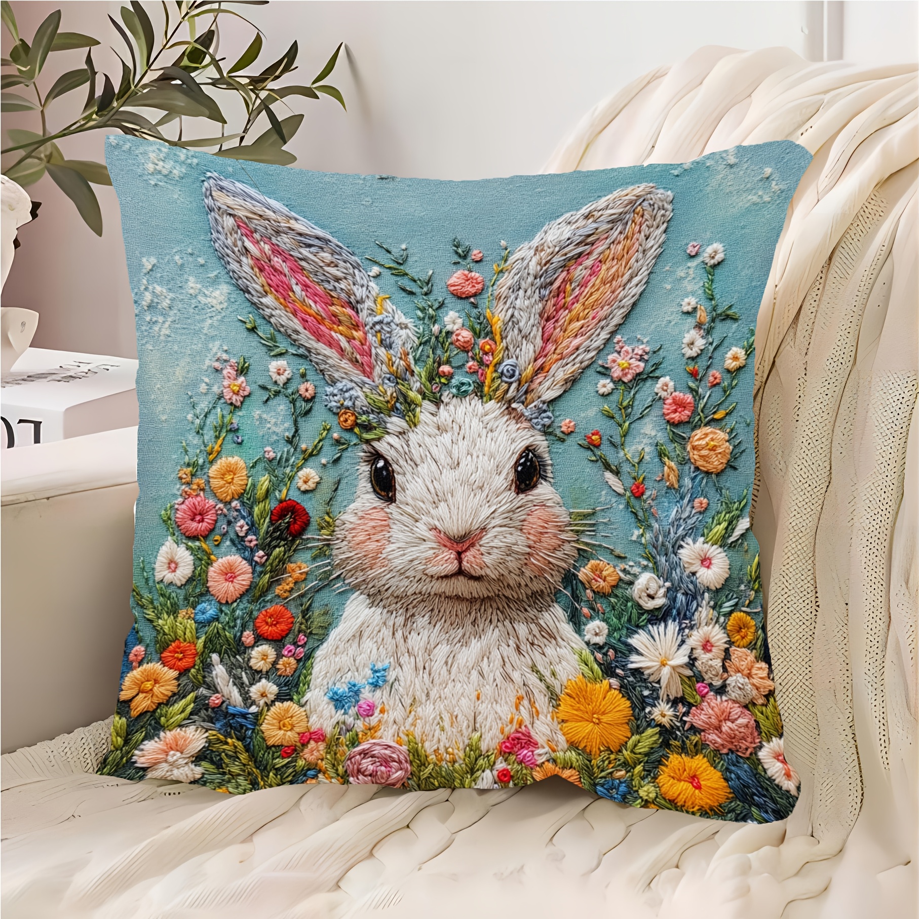 

1pc Vintage-inspired Rabbit & Floral Embroidery Decorative Pillow Cover, 18x18 Inch, Soft Short Plush, Zippered Closure - Sofa, Living Room, Bedroom, Office Home Decor (no Insert)