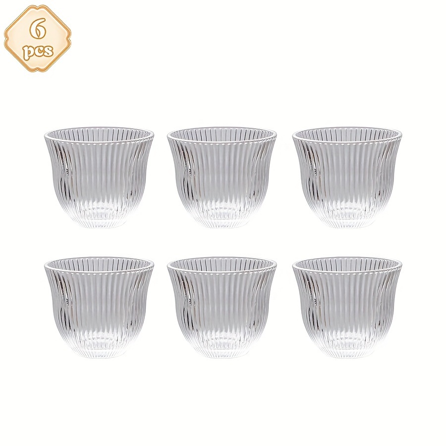 E-shop 6er-Set gestreifte Glas-Teebecher im orientalischen Stil, kleine Tasse, 68 ml (2,3 OZ), transparente Fu-Teebecher, Espressotasse, geeignet für
