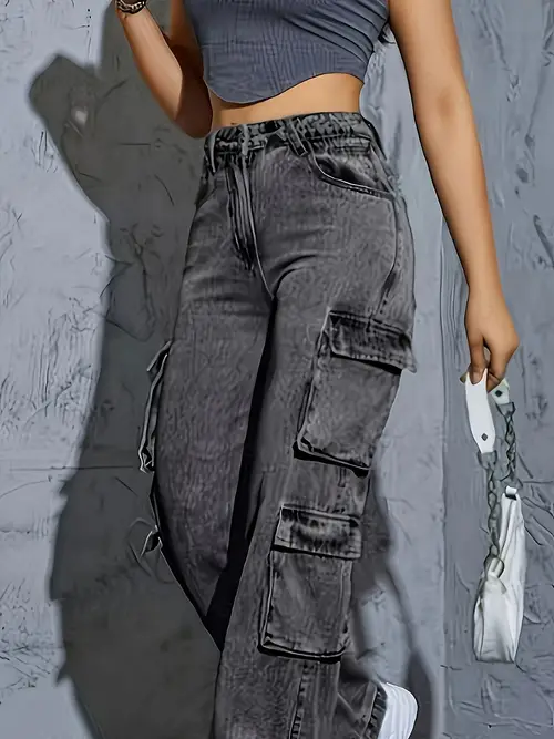 womens high waist cargo denim jeans loose fit multi pocket utility design gray washed retro streetwear casual all match wide leg pants