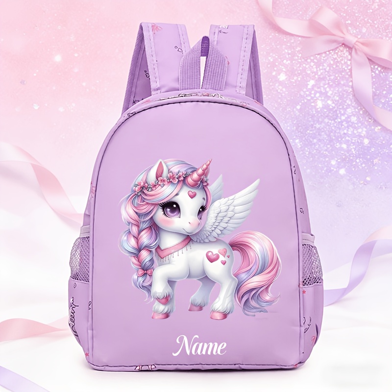 TEMU Custom Cartoon Unicorn-printed Backpack, With To Add A Personalized Name Or . Made Of Nylon Fabric With Zipper Closure. Lightweight And