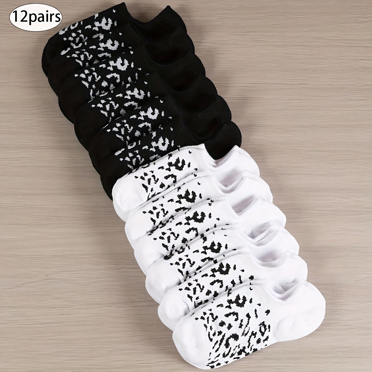 E-shop 12 Paar Gemischte Schwarz-Weiße Frühlings-Sommer Damen Socken Einzelne Leopardenmuster Unsichtbare Bootssocken Flache Öffnung Anti-Rutsch Socken