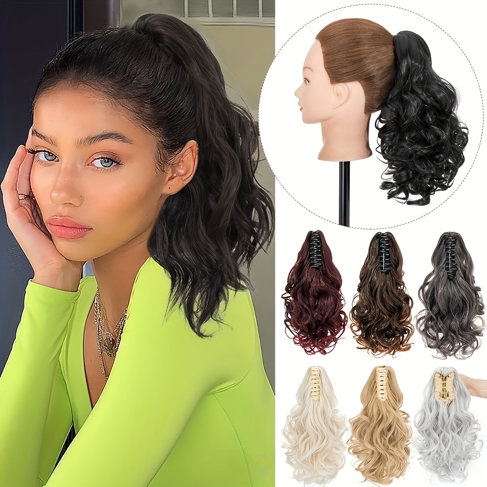 synthetic hair extension clip for ponytail with 14 inch short wavy curls for women details 0