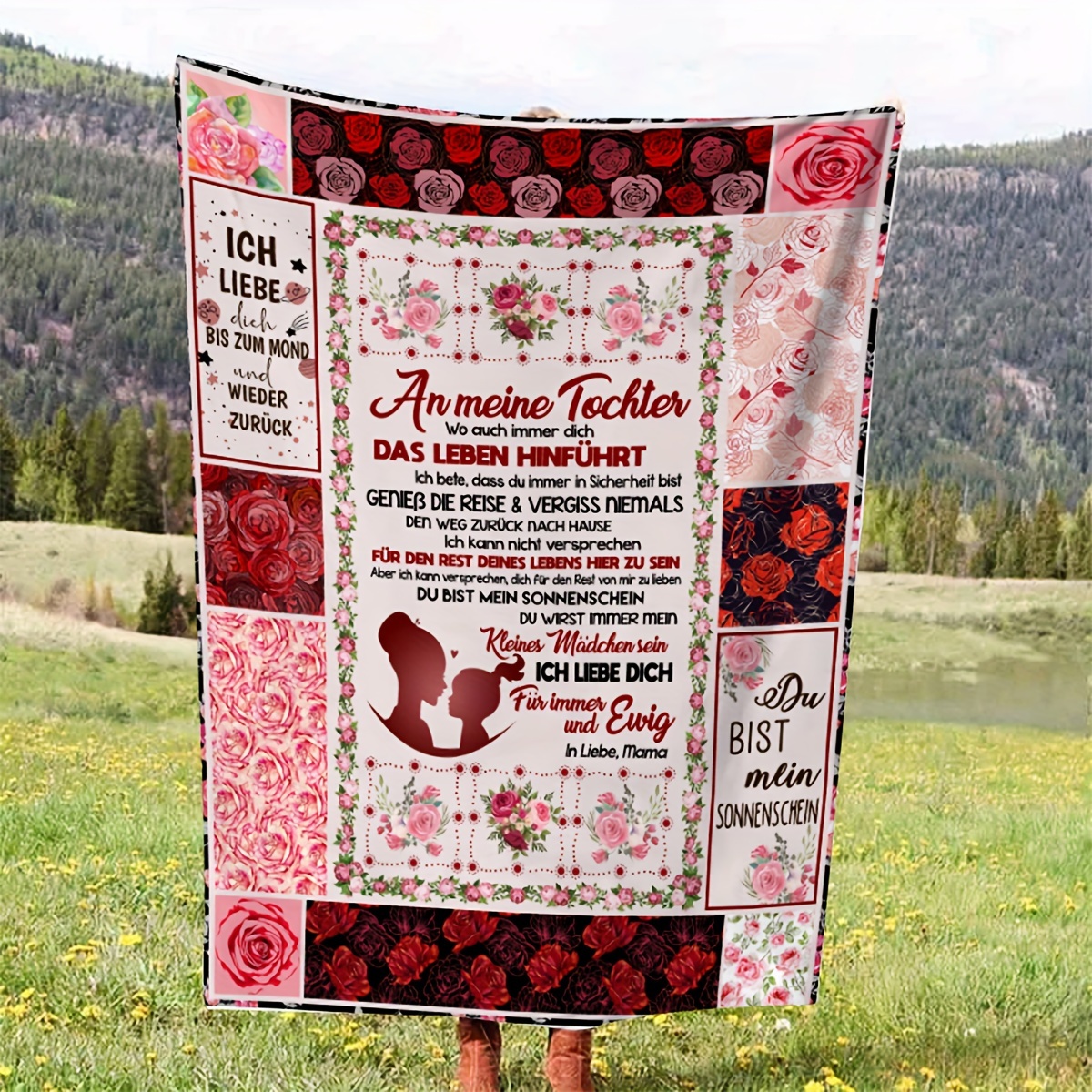 

1pc Gifts Blanket For Daughter Rose Flower Stitching Pattern Soft Blanket Flannel Blanket For Couch Sofa Office Bed Camping Travel, Multi-purpose Gift Blanket For All Season