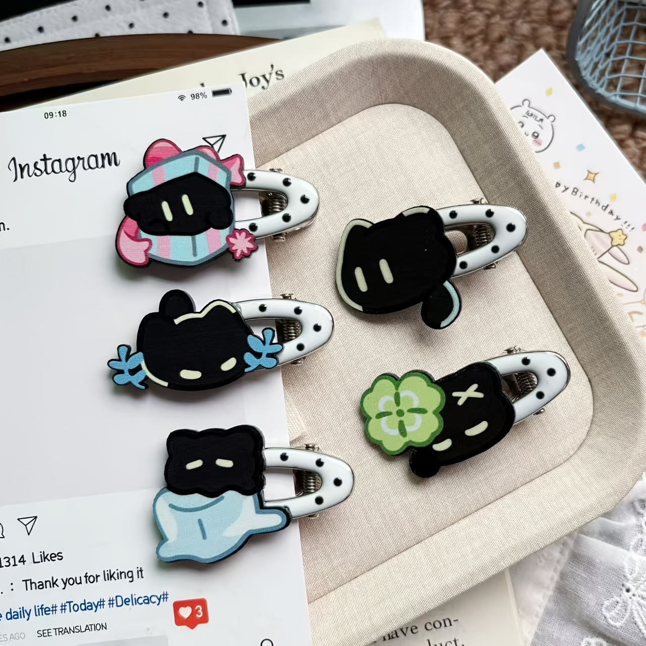 TEMU 5pcs Cute Cartoon Black Cat Hair Clips Side Bang Clips Oval Polka Dot Duckbill Clips Daily All-match Fashion Stray Hair Clips