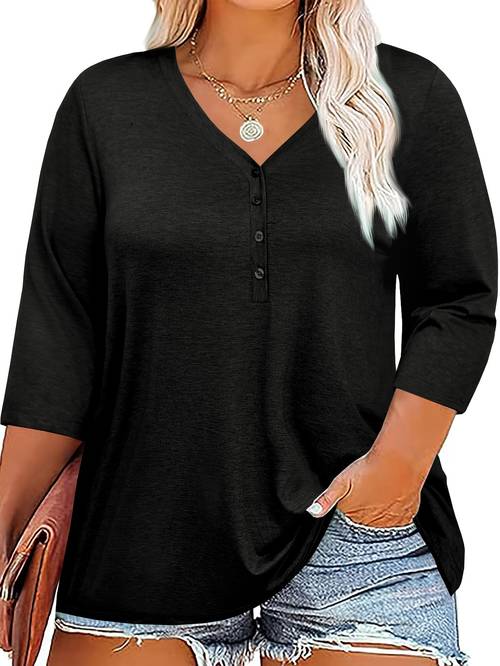 womens plus size v neck 3 4 sleeve casual tunic tee loose fit button front t shirt solid color breathable fabric for spring summer fall hand wash only seasonal fashion front comfortable wear
