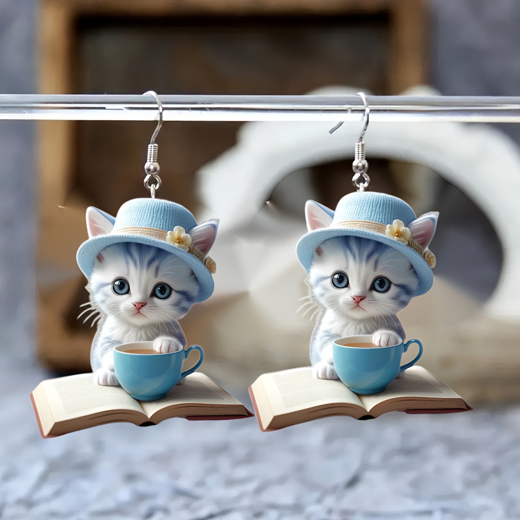 

Chic 2d Acrylic Cat & Coffee Cup Dangle Earrings - Perfect For Book Lovers, Teacher Appreciation & Back-to-school Gifts