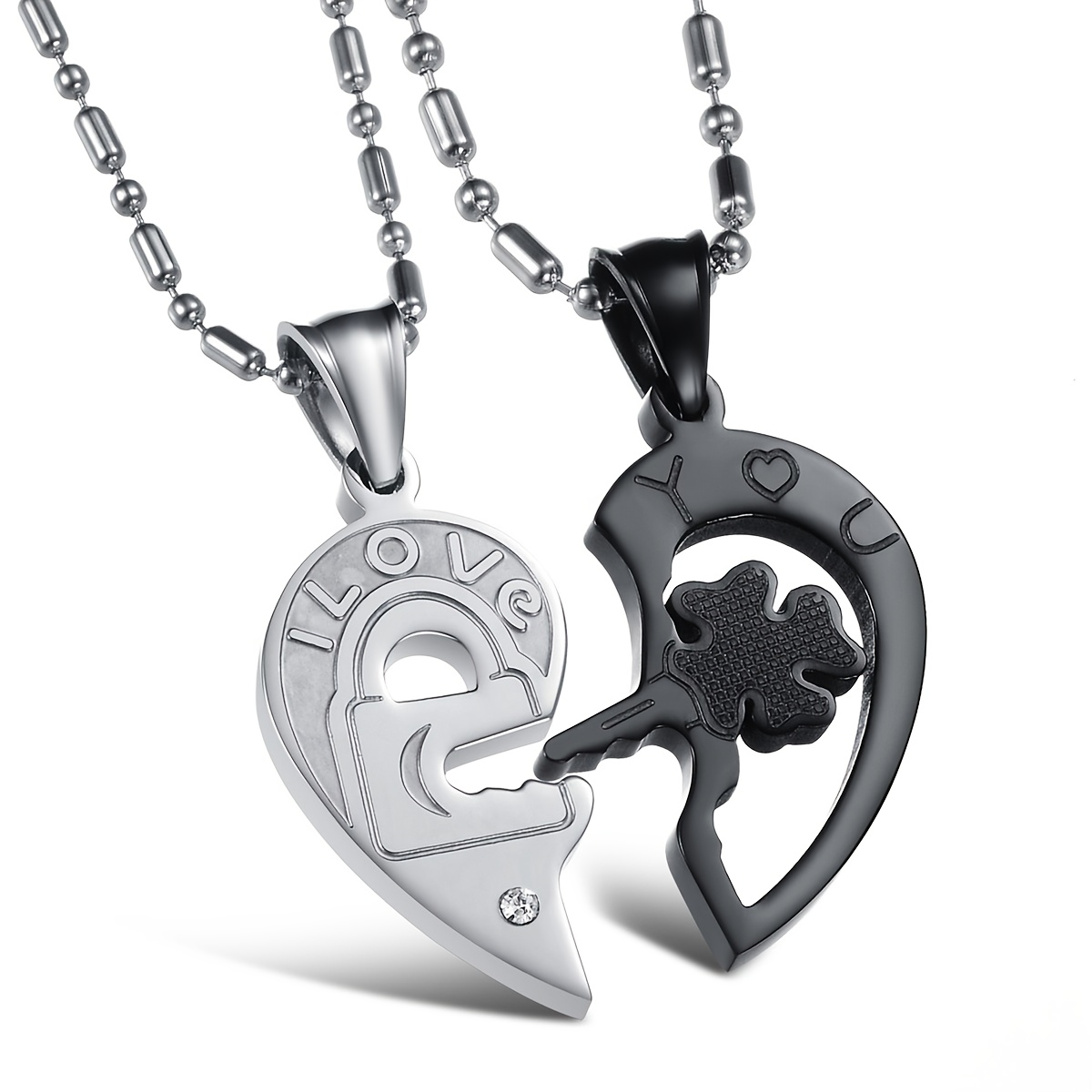 Image of 2pcs Set "i Love You" Lock And Key Heart-shaped Spliced Stainless Steel Couple Pendant Necklace, Wedding Anniversary Gift, Men's And Women's Valentine's Day Gift