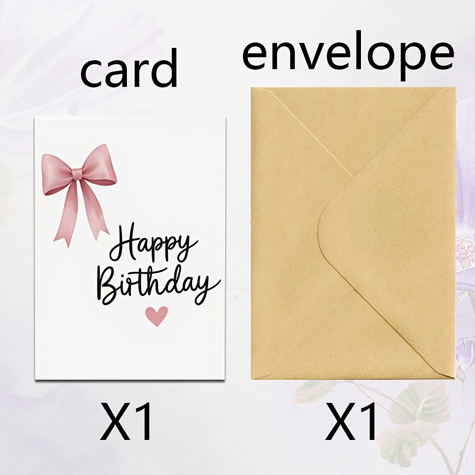 TEMU 1pc With Envelope, Gentle Bean Pink Satin Bow Birthday Card, Minimalist Handwritten Heart Universal Greeting Card