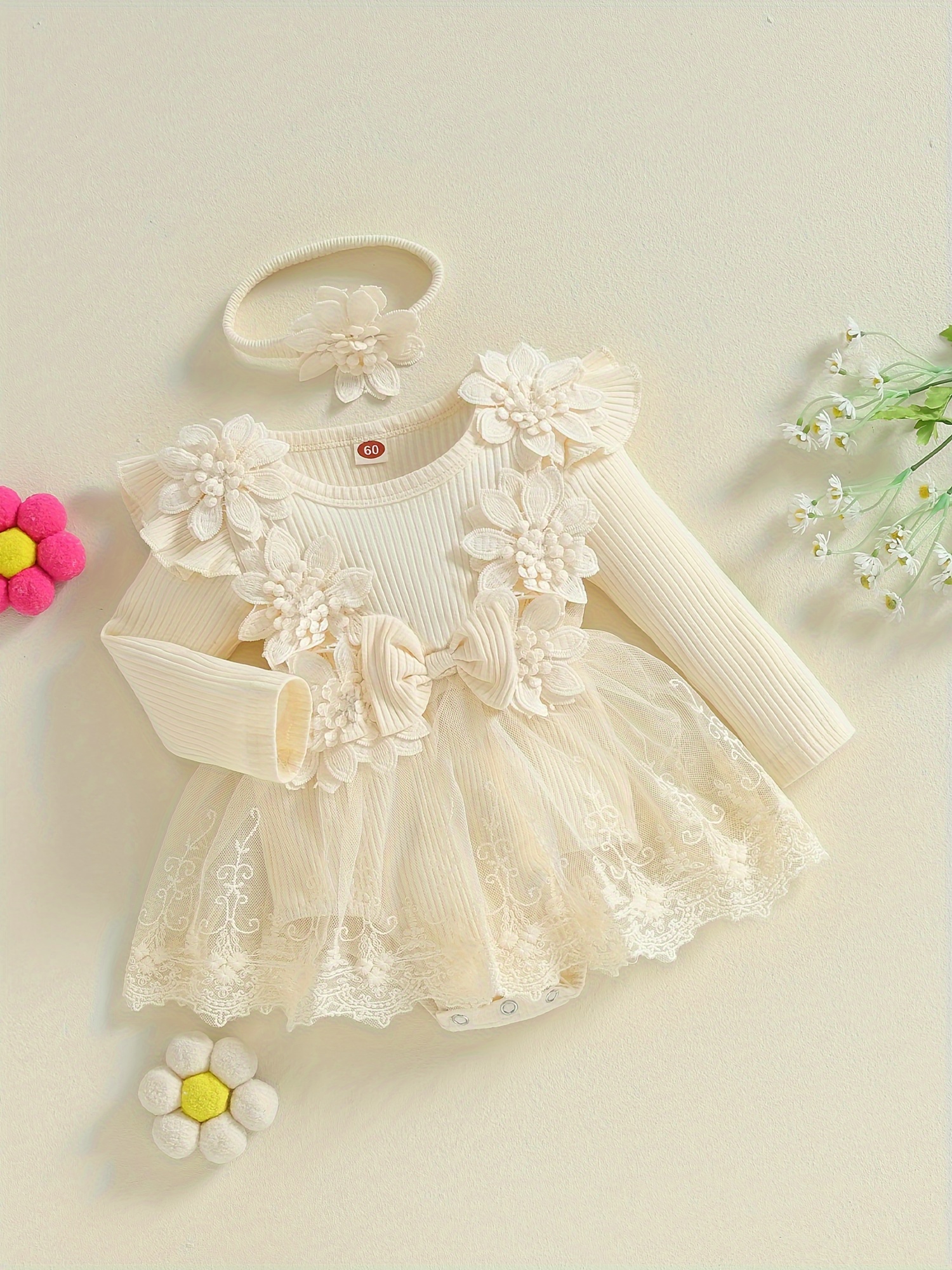 newborn baby girl lace romper dress long sleeve ruffle mesh - Temu