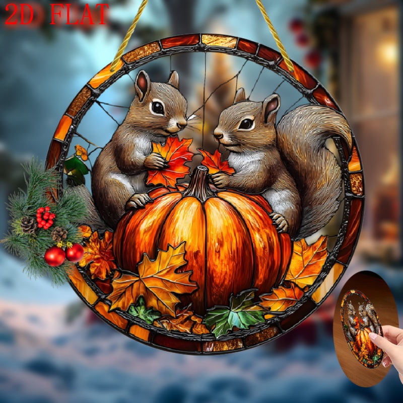 TEMU 2d Flat, Bohemian-style Circular Hanging, Autumn Squirrel And Pumpkin Window Decoration, Featuring Squirrel, Pumpkin And Brown/orange/ Patterns-