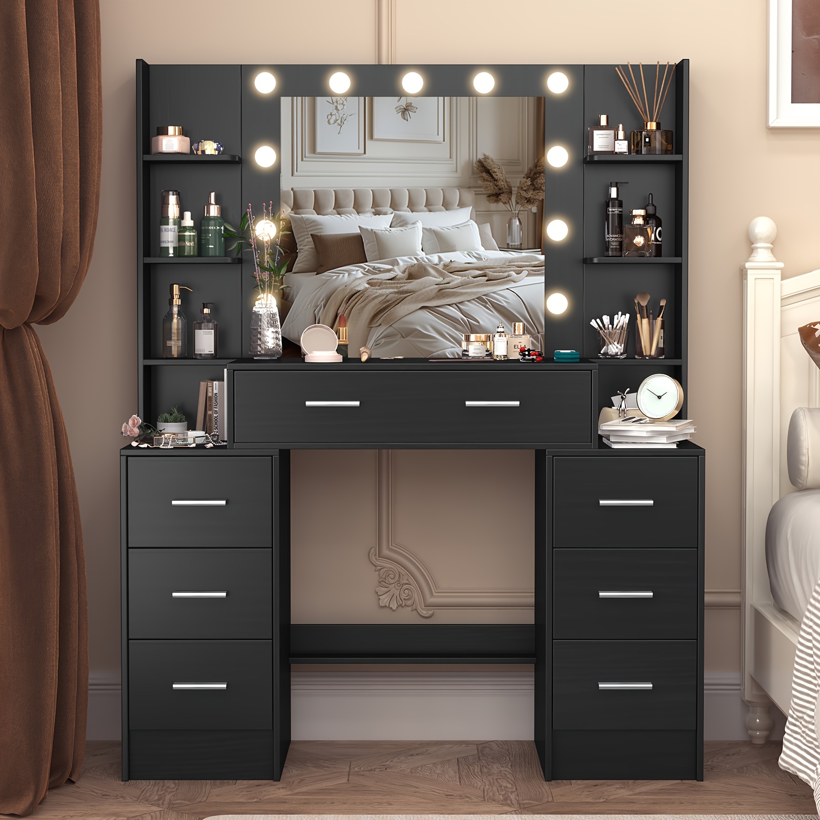 TEMU Summer New Arrival, Vanity With Multiple Led Bulbs, 3 Colors, Adjustable Brightness, Hd Mirror, Multiple Drawers, Multiple Open Shelves, Large