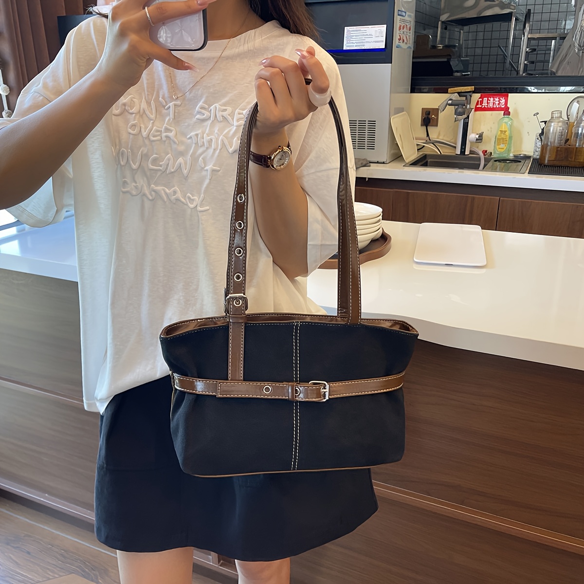 TEMU Vintage Underarm Tote Bag In Washed With Oil-waxed Accents, Featuring An Adjustable Front Strap, Widened Long Shoulder Strap, And Durable,