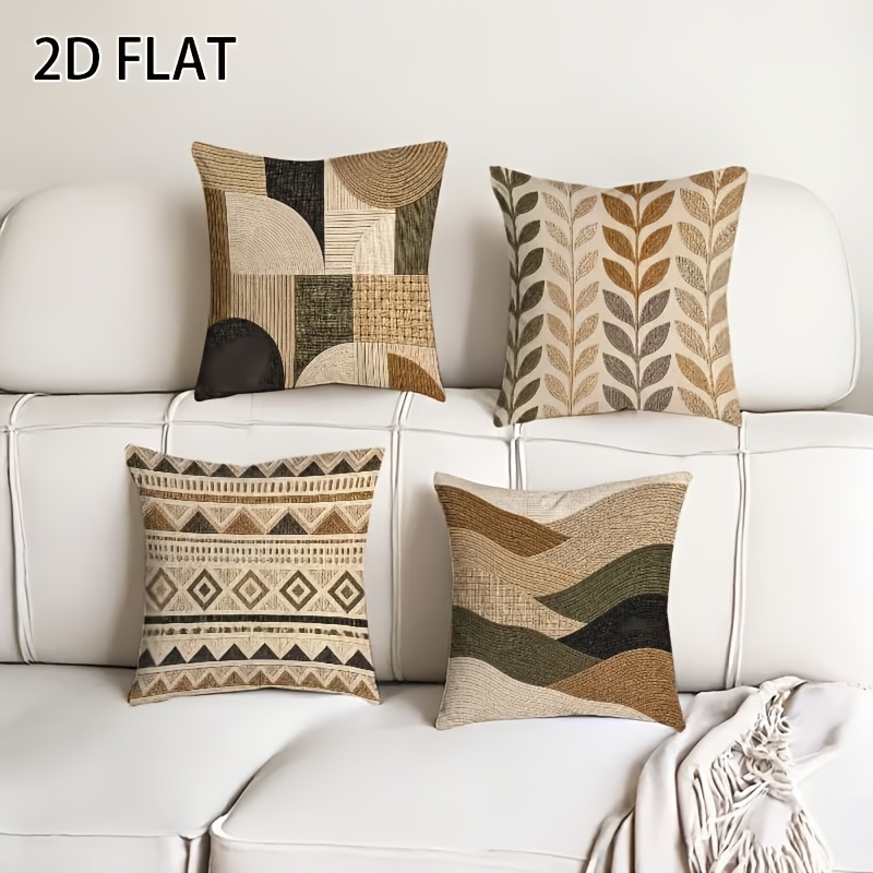 TEMU Juego de 4 fundas de cojín decorativas de lino con cremallera, estampado abstracto geométrico de hoja 2D en marrón y beige vintage, para , sofá,
