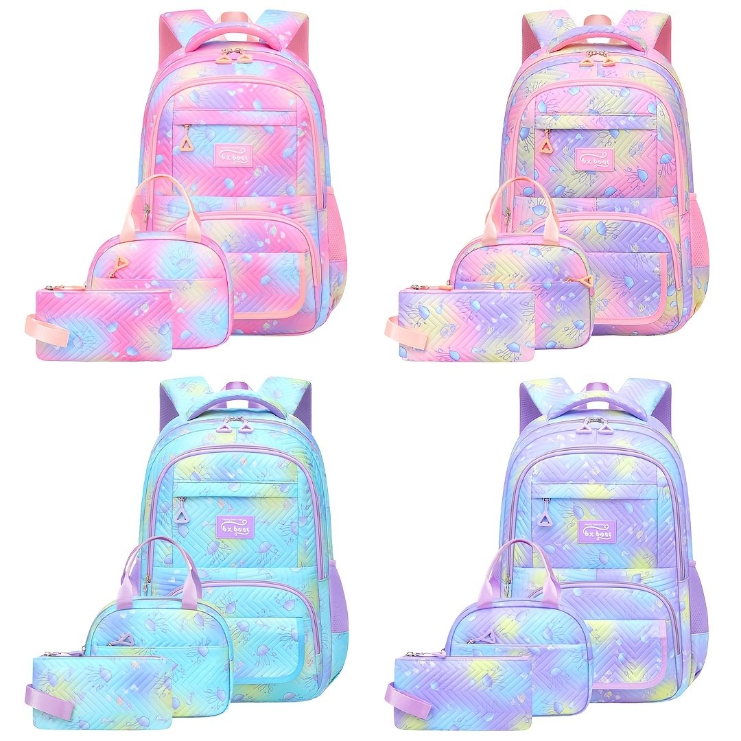 

3pcs Bxboat Girls Backpack Set - Casual Polyester Travel & School Bags With Lunch Box & Pencil Case, Lightweight, Anti-theft, Zipper Closure, Wet , Trolley Sleeve, 78cm Shoulder Strap