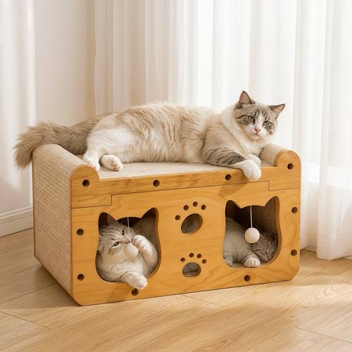 Artikelbild doppel katzenkopf kratzbaum bett, robustes anti-kippen, niedriges schwerpunkt, zwei-in- kratzen und , multifunktionales katzenmöbel für innen, katzen spiel- und für innen