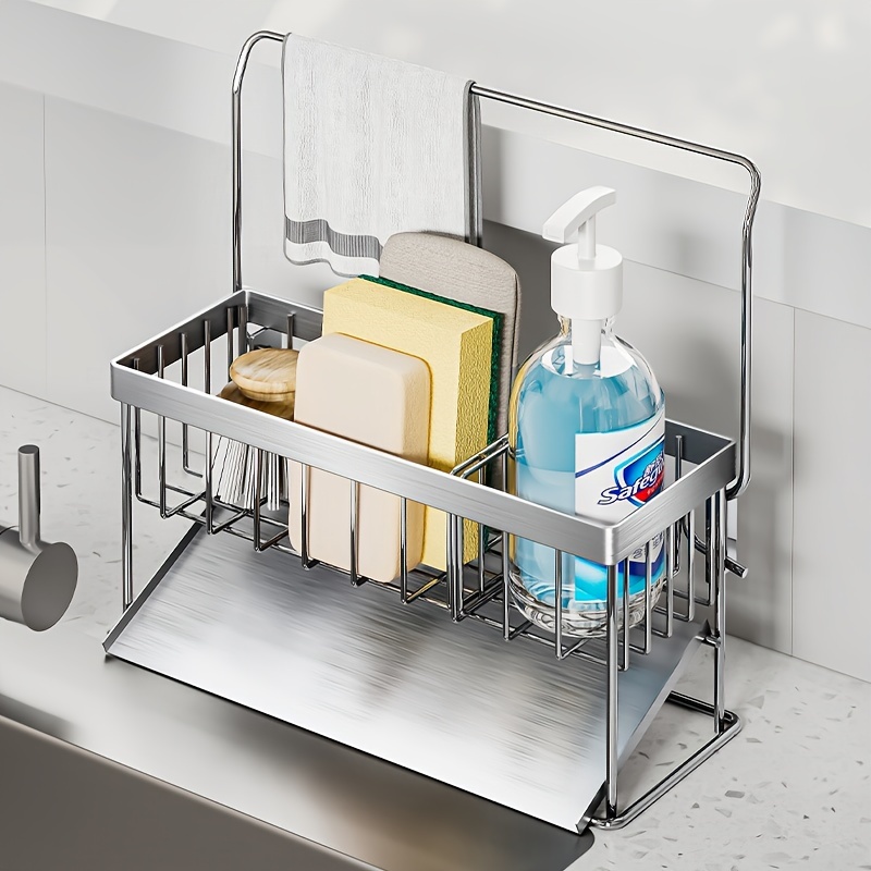 

Stainless Steel Dish Rack With Drain Tray, Towel Bar & Brush Holder, 304 Stainless Steel Sink Organizer Caddy