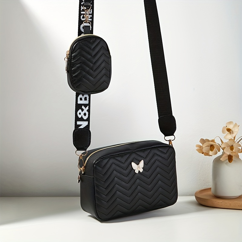 

Fashionable Pu Shoulder Bag And Coin Purse With Zipper Closure, Stripe Pattern Bag For Daily Use