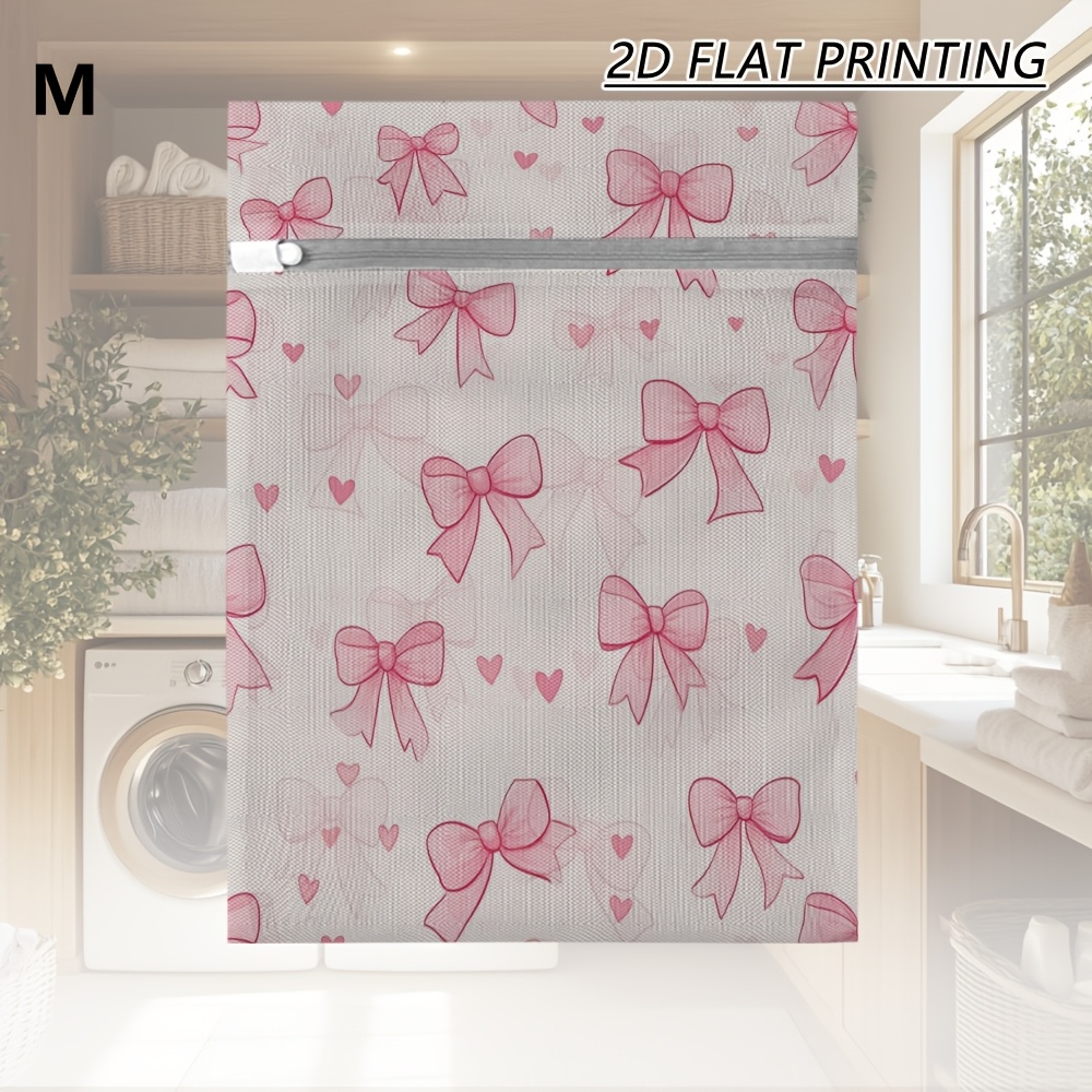 TEMU 1pc Mesh Laundry Bag With Soft Pink Bow Gentle Sketch Pattern, Multi-use Clothes Separation Sack For Wardrobe Management, Romantic Sweet Storage