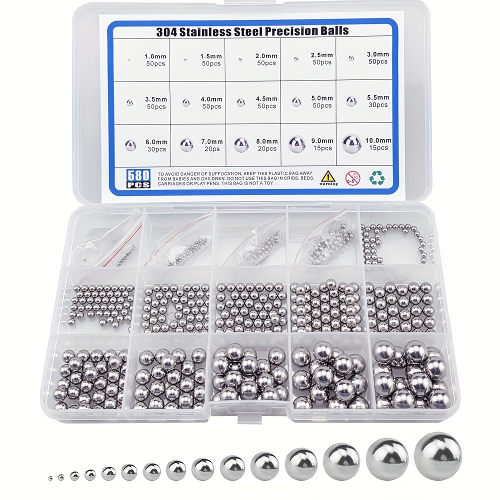 580pcs 15 Sizes Metric Precision 304 Stainless Steel Bearing Ball Assortment