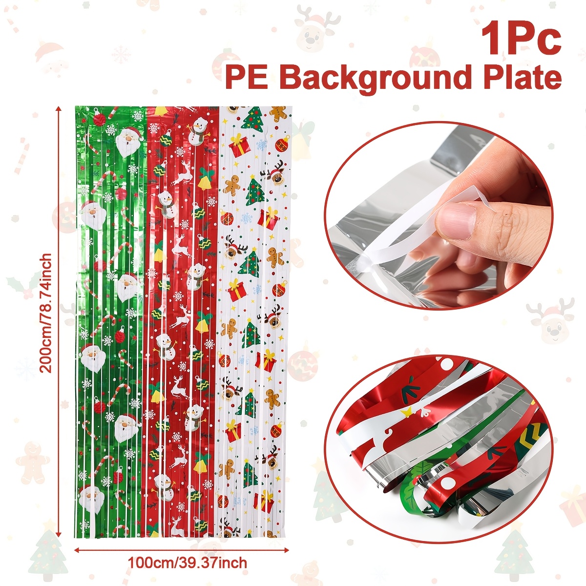 TEMU 1pc, 3-color Christmas Theme Tinsel Rain Streamer, 1 X 2m, Merry Christmas Decoration For Home, Santa Snowman Reindeer Gingerbread Man Printed