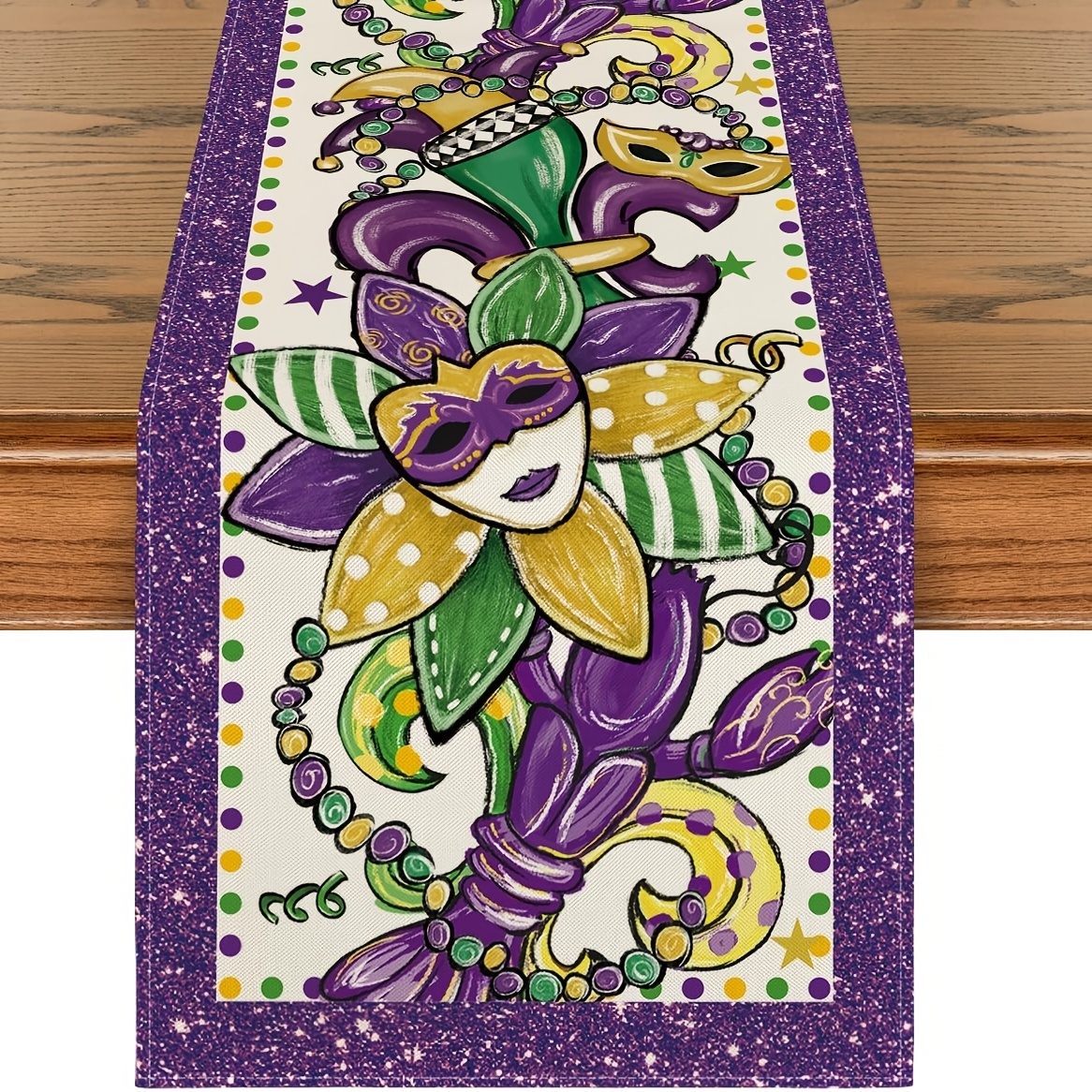 

1pc Mardi Gras Linen Table Runner - Rectangular Woven Table Decor With Mask And Lobster For Carnival, Home Party, Dining Decoration