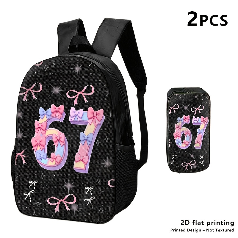 TEMU Printed Design-not Textured 1pc/2pcs/3pcs Black Backpack, Lunch Bag, And Pouch With Pink Bow & Number '67' 2d Print, Starry Background; Sweet,