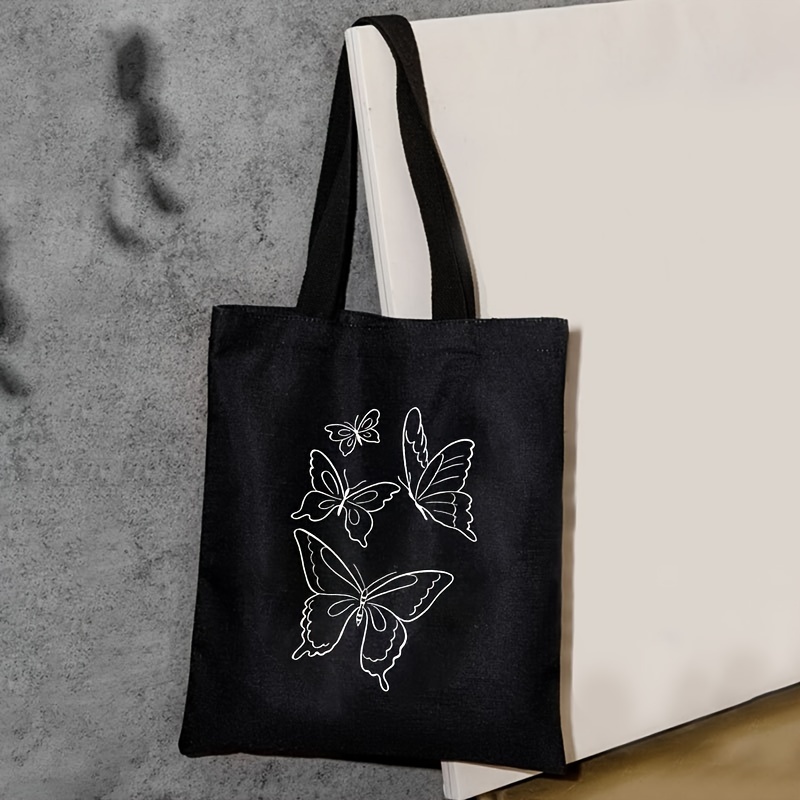 

Black Butterfly Pattern Tote Bag, Lightweight Grocery Shopping Bag, Casual Canvas Shoulder Bag For School, Travel