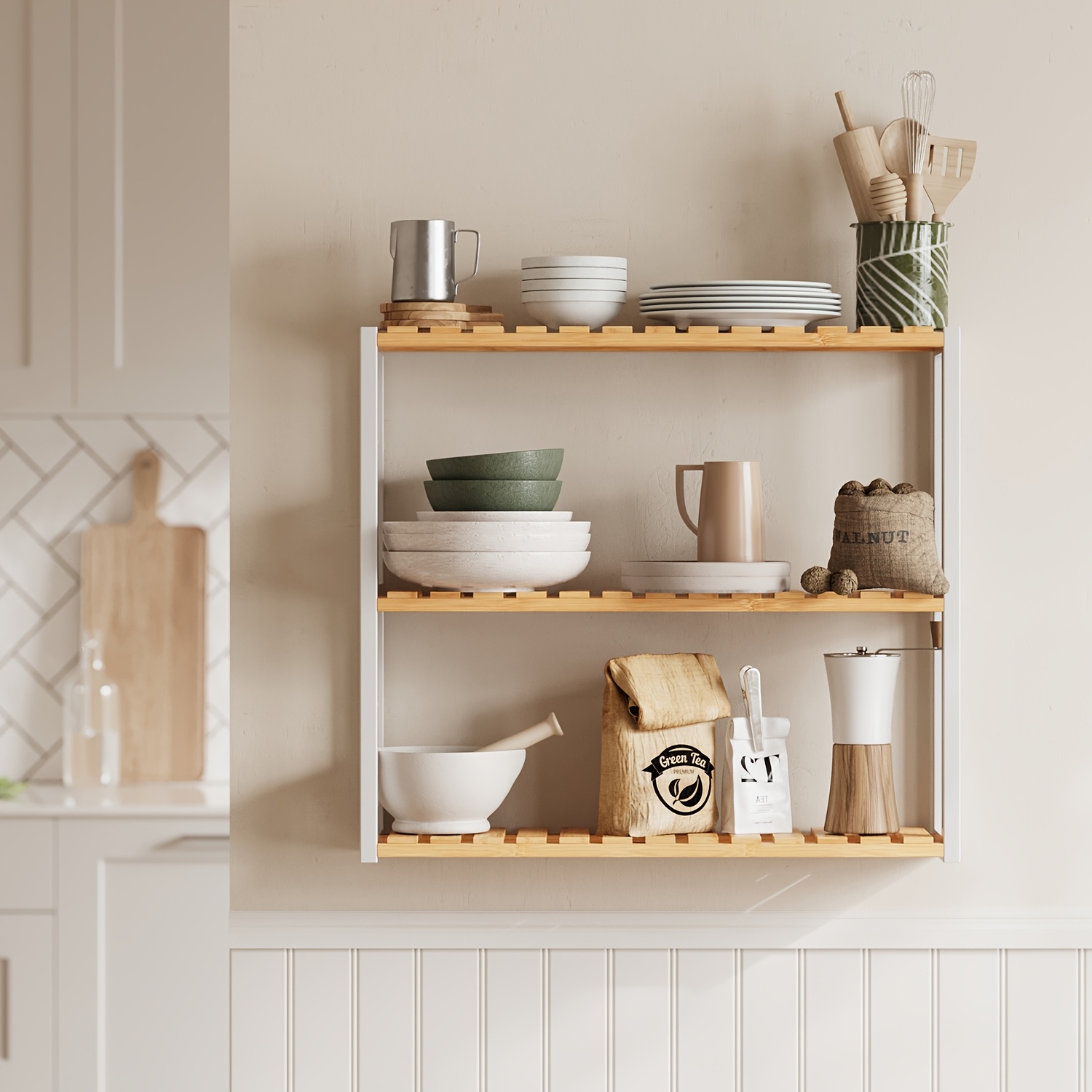 E-shop Badezimmerregal, Pflanzenregal mit 3 verstellbaren Ablagen, Bambusregal, Wandmontage, 15 x 60 x 54 cm, Natur Weiß, Mehrzweckregale