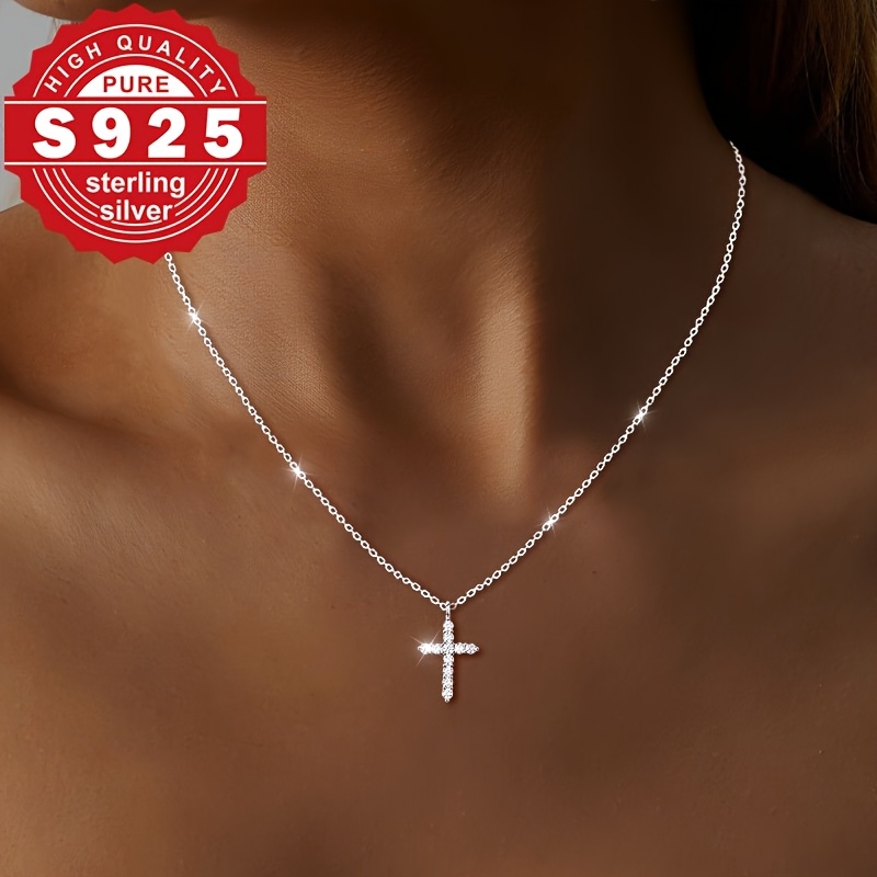 Image of 1pc S925 Sterling Silvery Women's Cross Necklace, With Sparkling Synthetic Zirconia, Elegant And Hypoallergenic, Perfect For Daily Wear, Versatile And , Everyday Jewelry|elegant Necklace|vacation Gift