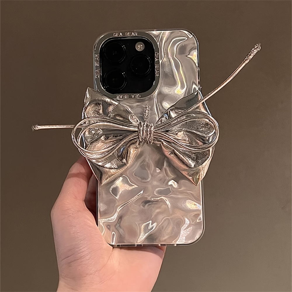 Japan Laser 3D Silvery Artificial Leather Bow Wrinkle Artistic Case for iPhone 15 14 13 12 16 Pro Max 11 Luxury Wave Water Ripple Cover