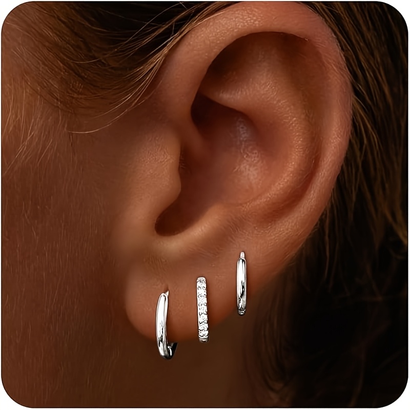 TEMU 3pcs Women' Steel Earring Set, Hypoallergenic Multi-layered Stackable Hoop Earrings, Exquisite Cute Mini Lightweight Cartilage Studs, Fashion