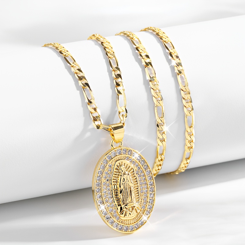 TEMU Women's 14k Gold Plated Medal Necklace - 24 Inch Flat Link Cuban/-like Chain With Of Guadalupe Pendant, Catholic Religious Jewelry Gift For