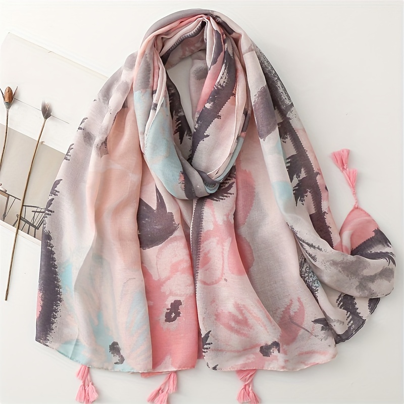 

Pinkish Scarf Thin Breathable Linen Shawl Style Windproof Sunscreen Travel Scarf With Tassel