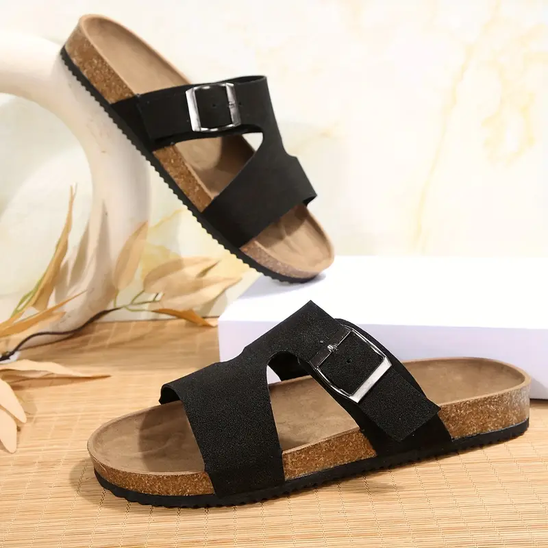 womens casual slip on flat sandals soft cover fabric with adjustable ankle strap lightweight breathable summer shoes black with golden accents comfortable for casual attire open toe design durable tpr sole Product details 1