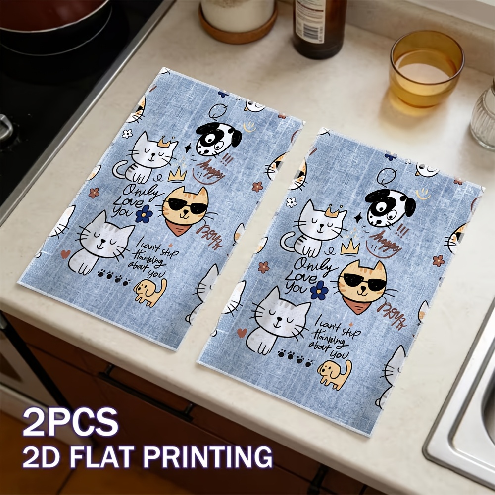 2d 평면 귀여운 만화 반려동물 친구 패턴 핸드 타월 2개 세트, 2d 평면 프린팅 기발한 욕실 핸드 타월, 발렌타인데이 선물용 또는 아늑한 일상 욕실용으로 달콤한 선택, 2d 평면