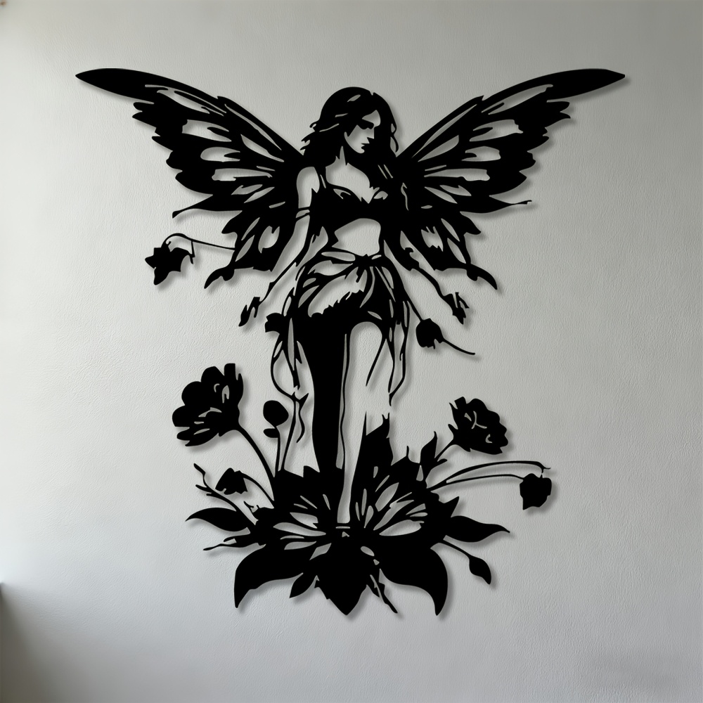 TEMU 2d Flat Design, 1pc Fairy Metal Wall Art With Wings - Iron Fairy Wall Decor, Suitable For Living Room, Bedroom, Garden Decoration, Hanging Fairy